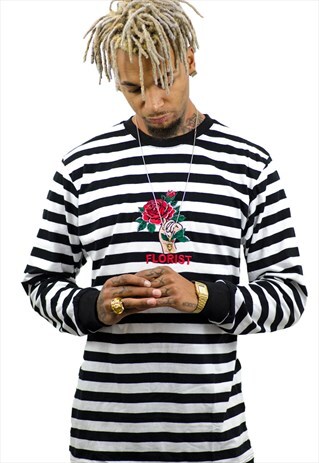 FLORIST EMBROIDERED BLACK AND WHITE STRIPED T-SHIRT