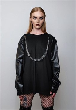 Faux leather sleeves sweatshirt chain attachment punk jumper
