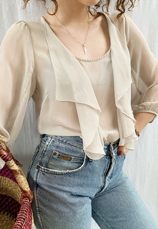 VINTAGE Y2K RUFFLE SHEER MUSLIN NEUTRAL DRAPED BLOUSE TOP