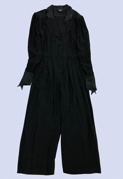 Vintage Black Satin Collar Cuff Button Tux Style Jumpsuit 