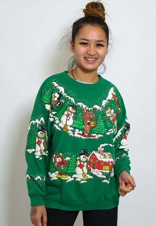 VINTAGE CHRISTMAS SCENE CHRISTMAS JUMPER IN GREEN MEDIUM