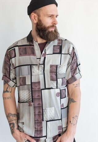 VINTAGE 80S ABSTRACT POLO TOP IN SQUARE PATTERN