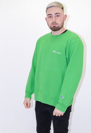 VINTAGE CHAMPION LOGO EMBROIDERED SWEATER JUMPER IN GREEN L