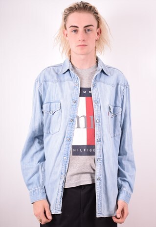 MENS VINTAGE DENIM SHIRT LARGE BLUE 90S