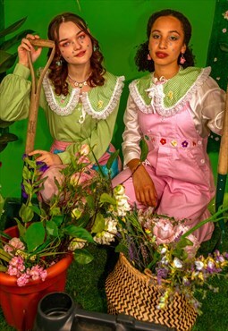 Handmade detachable collar gingham green flower lace
