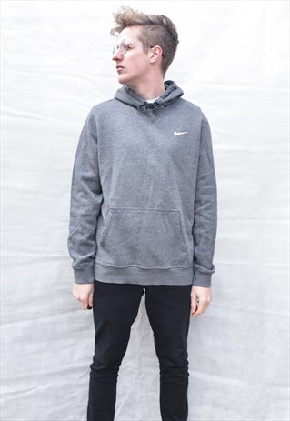 NIKE SMALL SWOOSH EMBROIDERED CHARCOAL HOODIE SIZE L