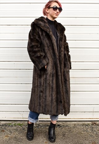 VINTAGE LONG BLACK BROWN FAUX FUR COAT