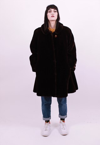 VINTAGE 80'S DOES 50'S BROWN SWING FAUX FUR COAT SIZE LARGE