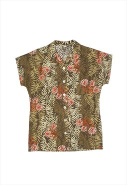 Hawaiian Shirt Brown 90s Floral Short Sleeve Womens L