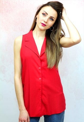 1980S VINTAGE RED SLEEVELESS BUTTON UP BLOUSE
