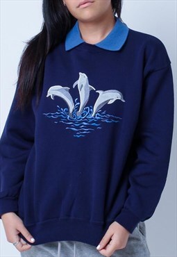 Vintage 90s Blue Collared Dolphin Sweatshirt Jumper M