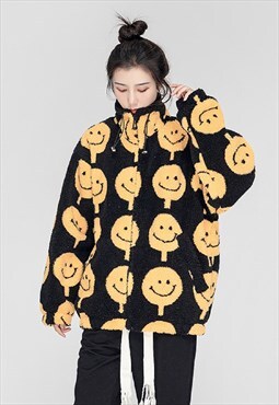Emoji fleece jacket faux fur smiley print bomber in black 