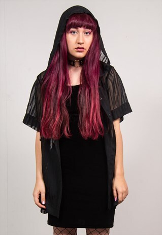 VINTAGE 90'S BLACK STRIPED SHEER SHIRT HOODED BLOUSE