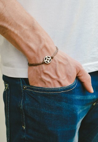 BROWN BRACELET FOR MEN, SILVER CIRCLE CHARM AND BROWN CORD