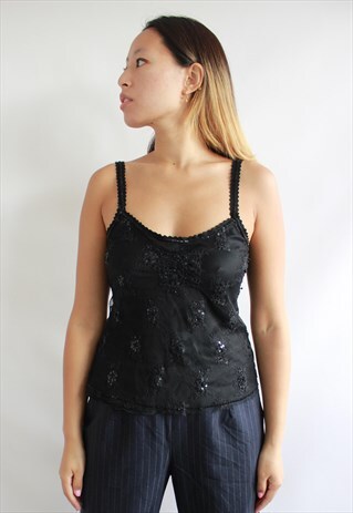 BLACK MESH EMBROIDERY CAMI TOP