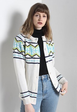 Vintage Abstract Crazy Patterned Cardigan White