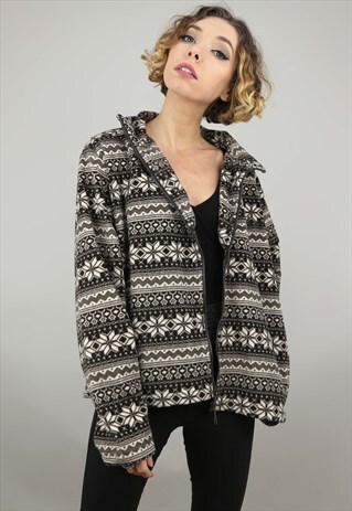 VINTAGE 90S OVERSIZED PATTERNED ZIP UP FLEECE BROWN