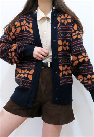 90S VINTAGE ORANGE & NAVY FLORAL KNITTED CARDIGAN