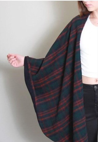 VINTAGE 1980'S SOFT GREEN AND RED TARTAN CAPE