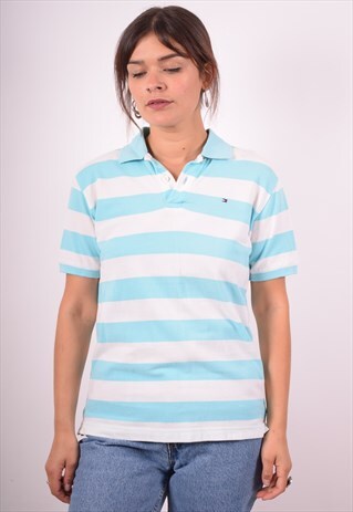 TOMMY HILFIGER WOMENS VINTAGE POLO SHIRT LARGE BLUE STRIPES