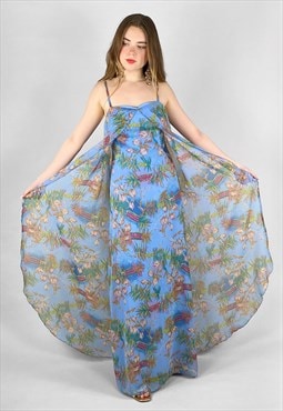 70's Vintage Ladies Blue Floral Slip Sheer Maxi Dress