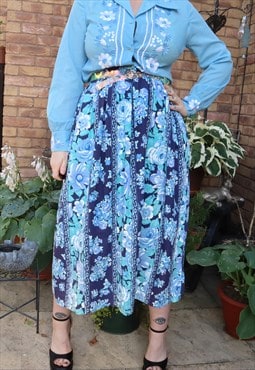 Vintage 80s Blue Cottage Floral Flower Festival Midi Skirt
