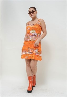 Vintage Y2k Streetwear Graphic Print Strap Slip Mini Dress M