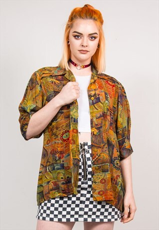 90'S VINTAGE CRAZY PAISLEY PATTERN OPEN COLLAR SHIRT