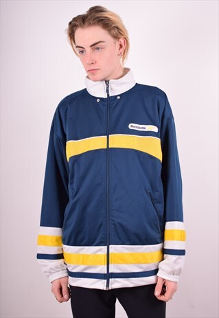 REEBOK MENS VINTAGE TRACKSUIT TOP KNIT LARGE NAVY BLUE 90S