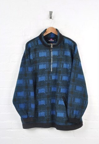 Vintage Fleece 1/4 Zip Checked Pattern Blue/Black XL