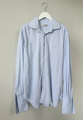 YSL SHIRT VINTAGE CHECK BRUSHED COTTON DRESS MENS BLUE M