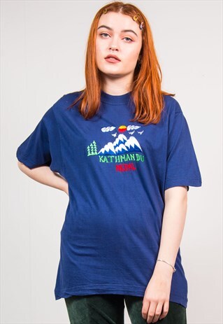 VINTAGE 90'S NAVY BLUE NEPAL MOUNTAIN EMBROIDERED T-SHIRT