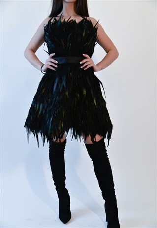 BLACK FEATHER HANDCRAFTED SLEEVELESS DRESS/F1981
