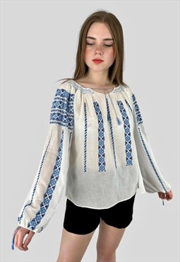 70's Vintage White Blue Embroidery Long Sleeve Blouse