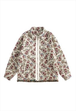 Floral denim jacket zip up jean bomber flower varsity cream