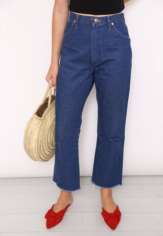 VINTAGE WRANGLER BLUE HIGH WAISTED RAW HEM JEANS