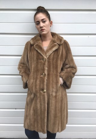 WOMENS VINTAGE BROWN BEIGE FAUX FUR LONG COAT JACKET