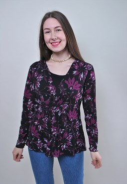 Black flower blouse, vintage v neck blouse, stretch pullover