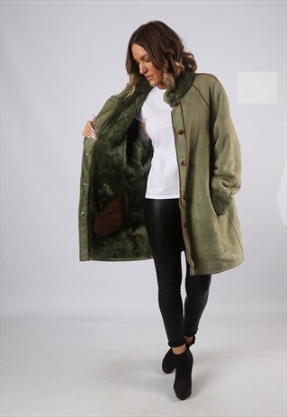 SHEEPSKIN SUEDE LEATHER SHEARLING COAT UK 18 XXL (CJ2R)
