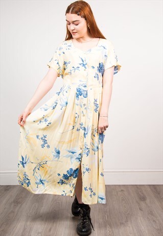 VINTAGE 90'S YELLOW & BLUE FLORAL MIDI DRESS