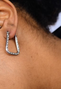 Diamante Silver Long Squared Hoop Earrings