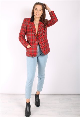 VINTAGE 80S BOYFRIEND FIT BLAZER JACKET IN RED TARTAN CHECK