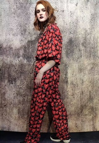 HEART PRINT BEAM JOGGERS HANDMADE LOVE EMOJI OVERALLS RED