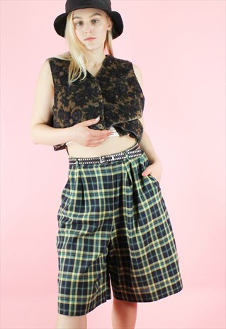 VINTAGE 90S SUIT SHORTS TARTAN HIGH WAISTED GREEN