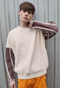 Cable knitwear sweater stitched sleeve punk jumper cream