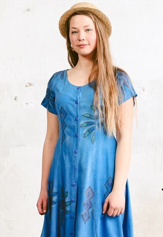 VINTAGE 90S PERUVIAN PRINT BLUE VISCOSE DRESS