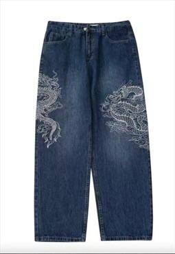 Blue Dragon Print Y2K Jeans
