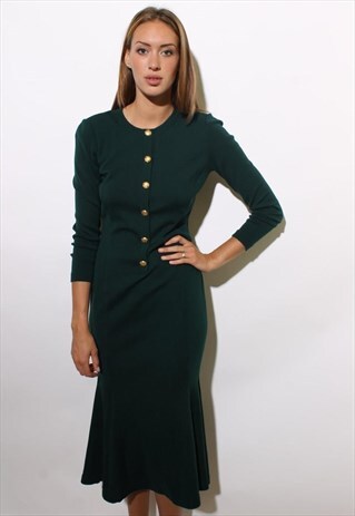 VINTAGE 1980'S 80'S GREEN WOOL TRUMPET SWEATER DRESS S-M
