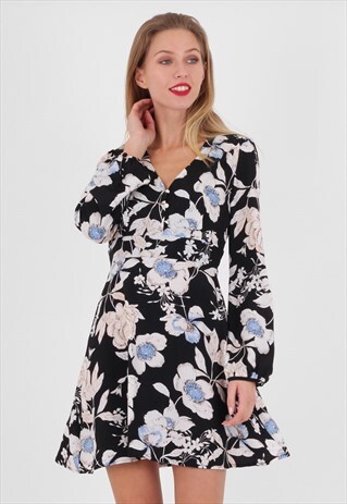 FLORAL BALLOON-SLEEVE SKATER DRESS