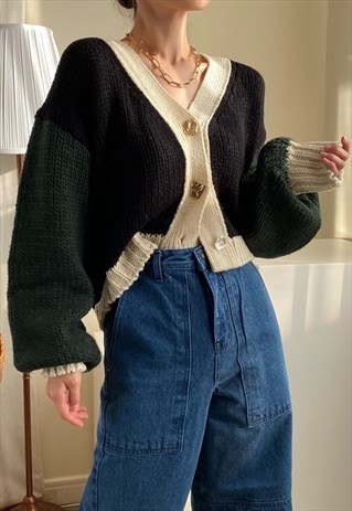 VINTAGE-INSPIRED COLORBLOCK KNITTED CARDIGAN